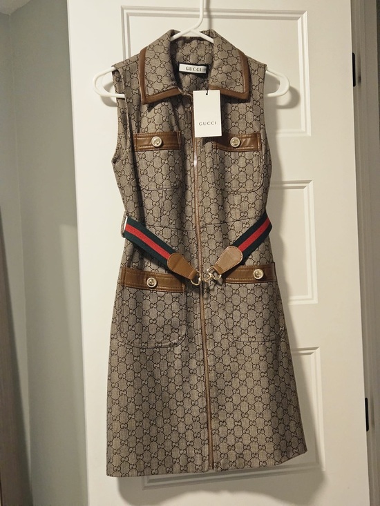 Gucci Dresses & Skirts - Gucci Beige Monogram Zip-Front Sleeveless Dress with Web Detail
